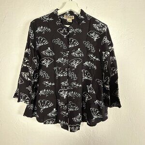 Nomadic Traders Womens Black Fan Print Mandarin Collar Button-Up Blouse Medium